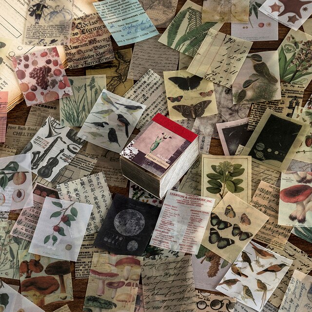 A pile of old GretelCreates Floral Vellum Ephemera Book for Journals and Scrapbooking on a table.