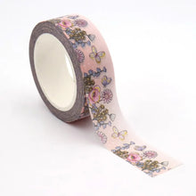 Load image into Gallery viewer, A roll of Gold Foil Summer Flowers Washi Tape with flowers on it, GretelCreates Pink Daisy Decorative Tape.