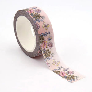 A roll of Gold Foil Summer Flowers Washi Tape with flowers on it, GretelCreates Pink Daisy Decorative Tape.