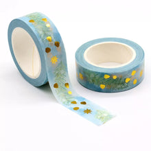 Load image into Gallery viewer, minimal gold foil christmas washi tape, blue &amp; green winter decorative tape