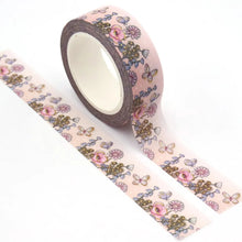 Load image into Gallery viewer, A Gold Foil Summer Flowers Washi Tape with flowers and butterflies on it. (Brand: GretelCreates)