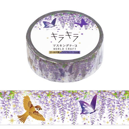 foiled wisteria forest washi tape, purple foiled bird decorative tape