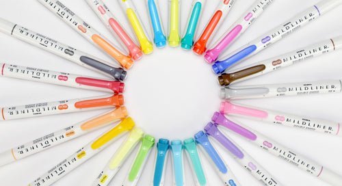 A circle of Zebra Mildliner Individual Dual Tipped Highlighters arranged in a circle.