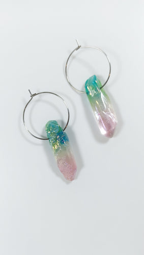 green & pink aura raw quartz hoop earrings, raw crystal earrings