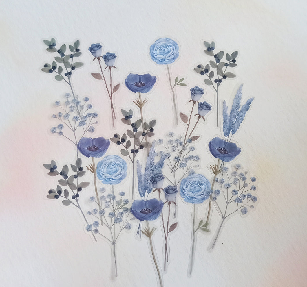 Q-lia Transparent Poche Bouquet Floral Sticker Flakes  - Steel Blue