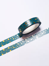 Load image into Gallery viewer, A roll of 10mm Turquoise and Gold Stars Washi Tape by GretelCreates, available at a UK Washi Shop.