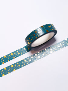 A roll of 10mm Turquoise and Gold Stars Washi Tape by GretelCreates, available at a UK Washi Shop.