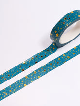 Load image into Gallery viewer, A 10mm Turquoise and Gold Stars Washi Tape made by GretelCreates, available at a UK Washi Shop.