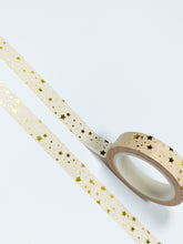 Load image into Gallery viewer, A roll of GretelCreates Peach and Gold Stars Washi Tape, the perfect minimal golden foil washi.