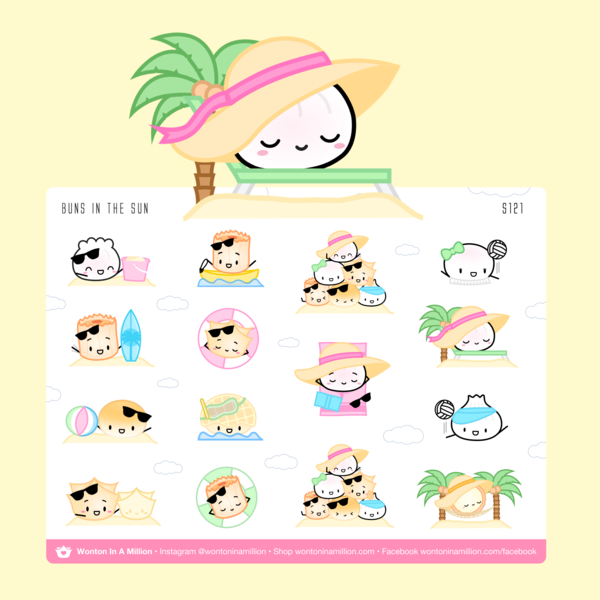 buns in the sun beach day - wonton in a million sticker sheet