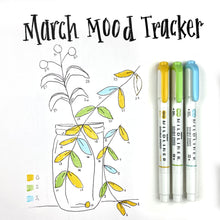 Load image into Gallery viewer, A drawing of a Zebra Mildliner Individual Dual Tipped Highlighter and a marker with the words march mood tracker.