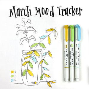 A drawing of a Zebra Mildliner Individual Dual Tipped Highlighter and a marker with the words march mood tracker.