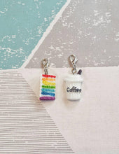 Load image into Gallery viewer, coffee and cake stitch markers, cake progress keepers, coffee knitting markers