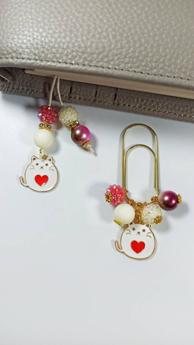 White Cat Planner Dangle Jewellery, Pink Heart Planner Charm, Planner Tails Bookmark