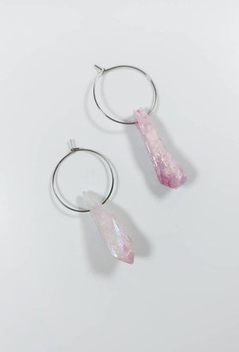 rose pink aura raw quartz hoop earrings, raw crystal earrings