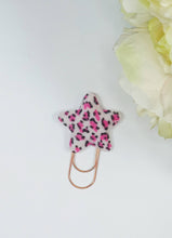 Load image into Gallery viewer, faux fur leopard print planner clip, pink animal print star bookmark
