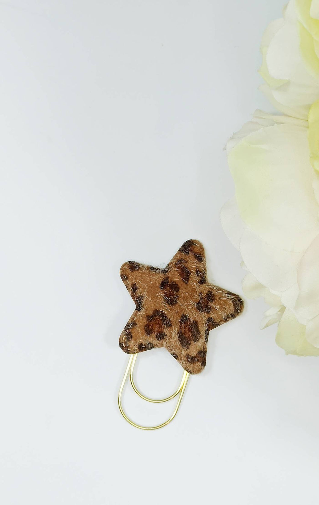 faux fur leopard print planner clip, brown animal print star bookmark
