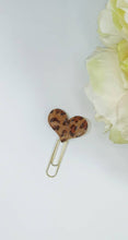 Load image into Gallery viewer, faux fur leopard print planner clip, brown animal print heart bookmark