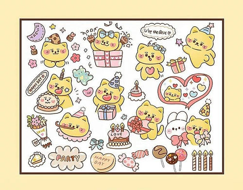 kawaii cat birthday sticker flakes, animal happy birthday journal stickers