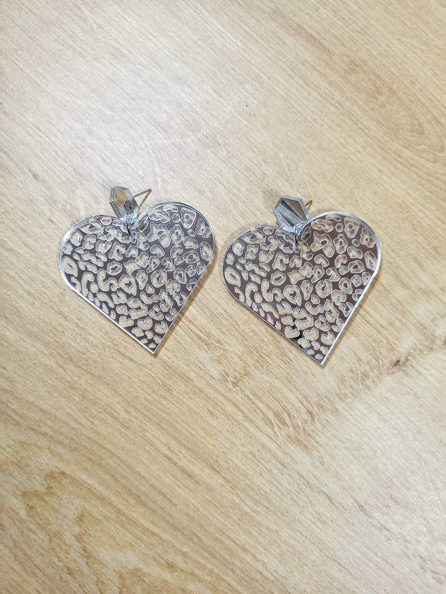 silver leopard print acrylic earrings, leopard print heart earrings
