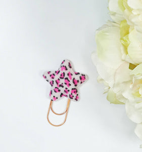 faux fur leopard print planner clip, pink animal print star bookmark