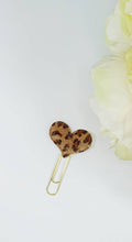 Load image into Gallery viewer, faux fur leopard print planner clip, brown animal print heart bookmark
