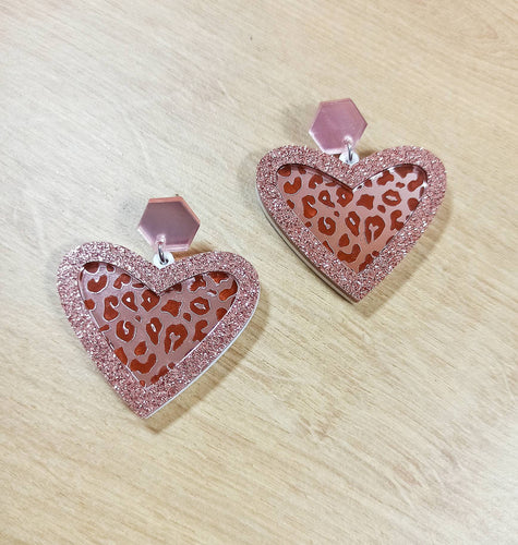 glitter leopard print acrylic earrings, mirrored leopard print heart earrings