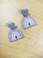 Load image into Gallery viewer, silver glitter leopard print acrylic earrings, leopard print rainbow earrings