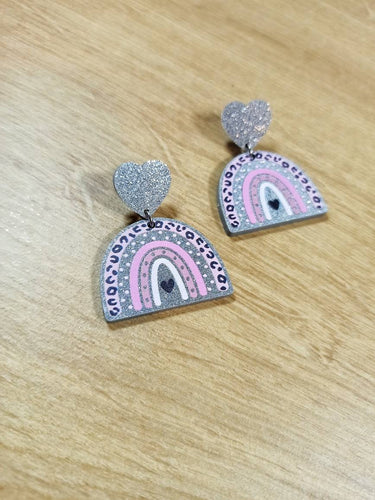 silver glitter leopard print acrylic earrings, leopard print rainbow earrings