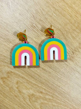 Load image into Gallery viewer, bright rainbow acrylic earrings, rainbow dangle earrings