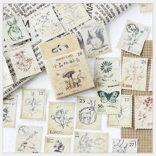 Vintage Flower Stamp Sticker Flakes, Animal Stamp Decorative Stickers