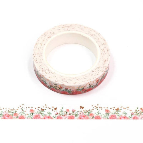gold foil pink flower washi tape, butterfly & rose decorative tape