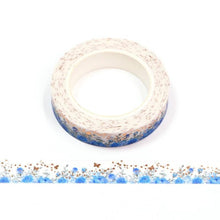 Load image into Gallery viewer, gold foil blue flower washi tape, blue &amp; gold rose decorative tape