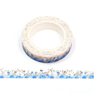 gold foil blue flower washi tape, blue & gold rose decorative tape