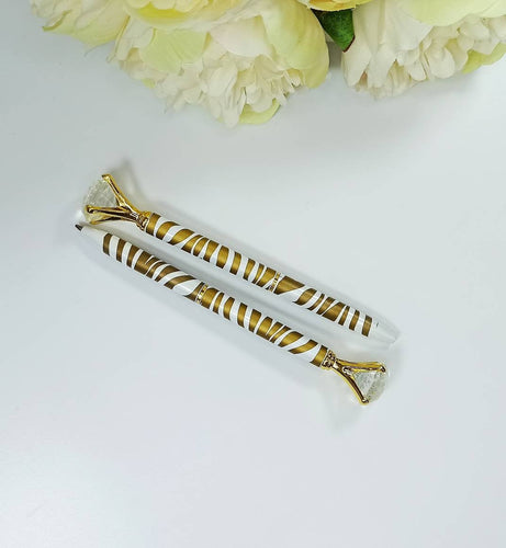 Zebra Print Diamond Topped Ball Point Pen, Gold Animal Print Twist Pen with Black Ink