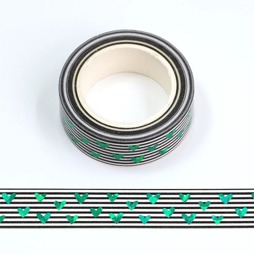 Cute Green Foil Heart Washi Tape, Minimal Foiled Japanese Tape
